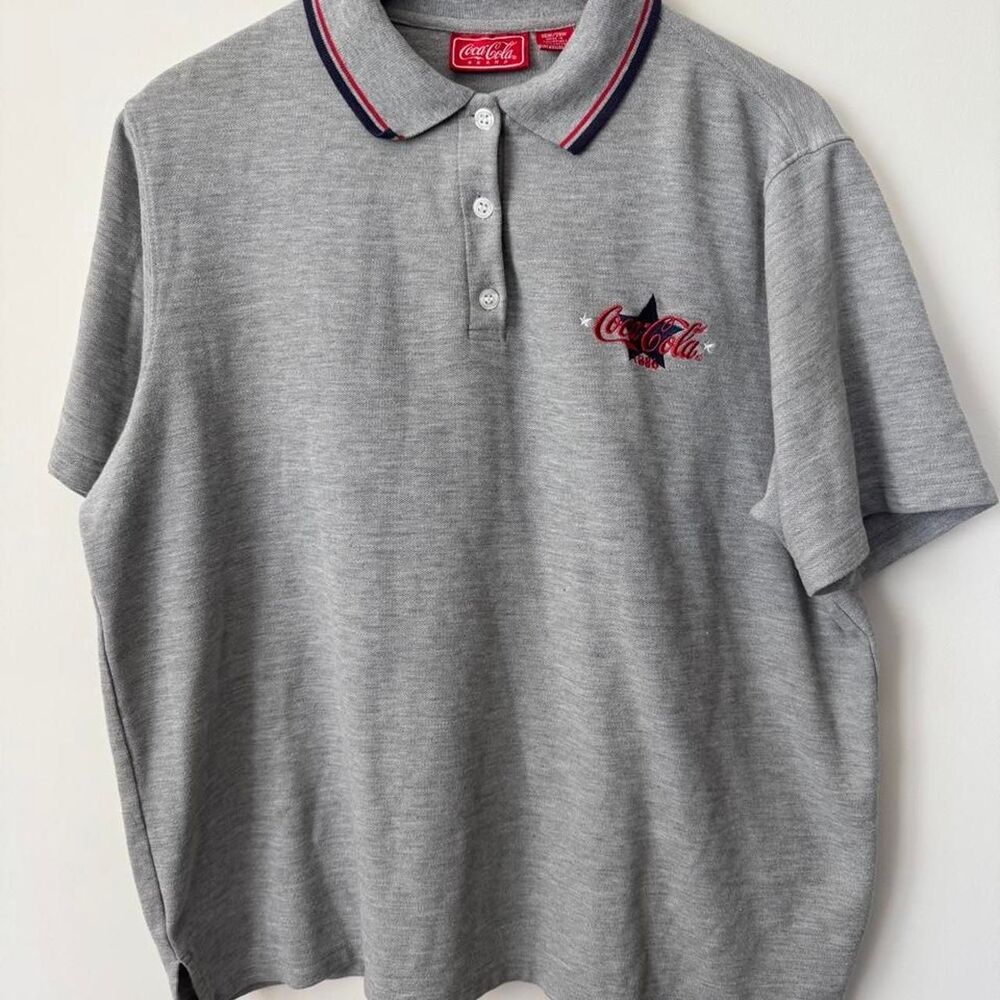 VINTAGE Coca-Cola Grey Polo Shirt Red & White